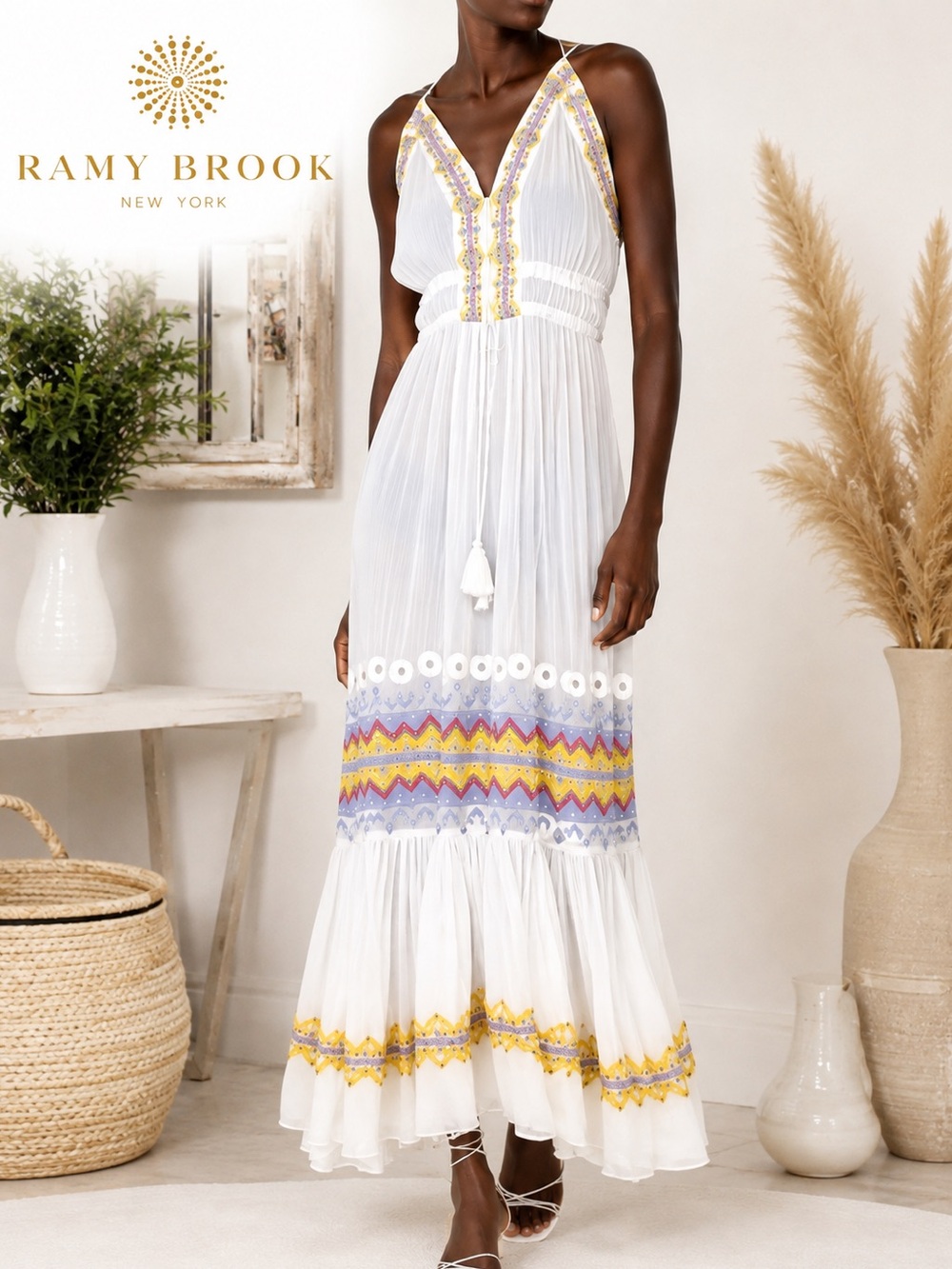 Ramy Brook NWT Sienna Maxi Dress in White Multi Intricate Embroidery Sz Small